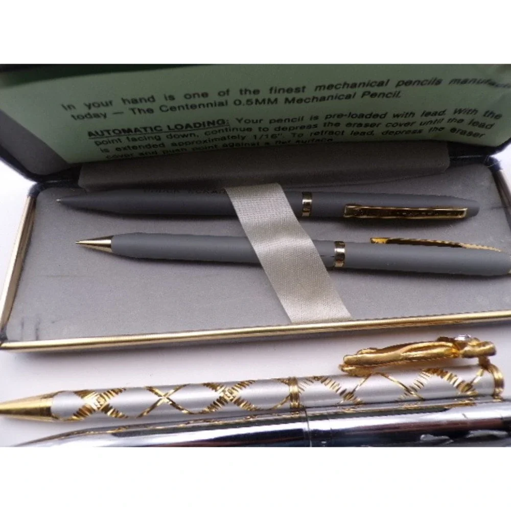 Vintage Mechanical Pencil and Pen Sets Two‎ Tone Silver Gold Tone Engraved Case